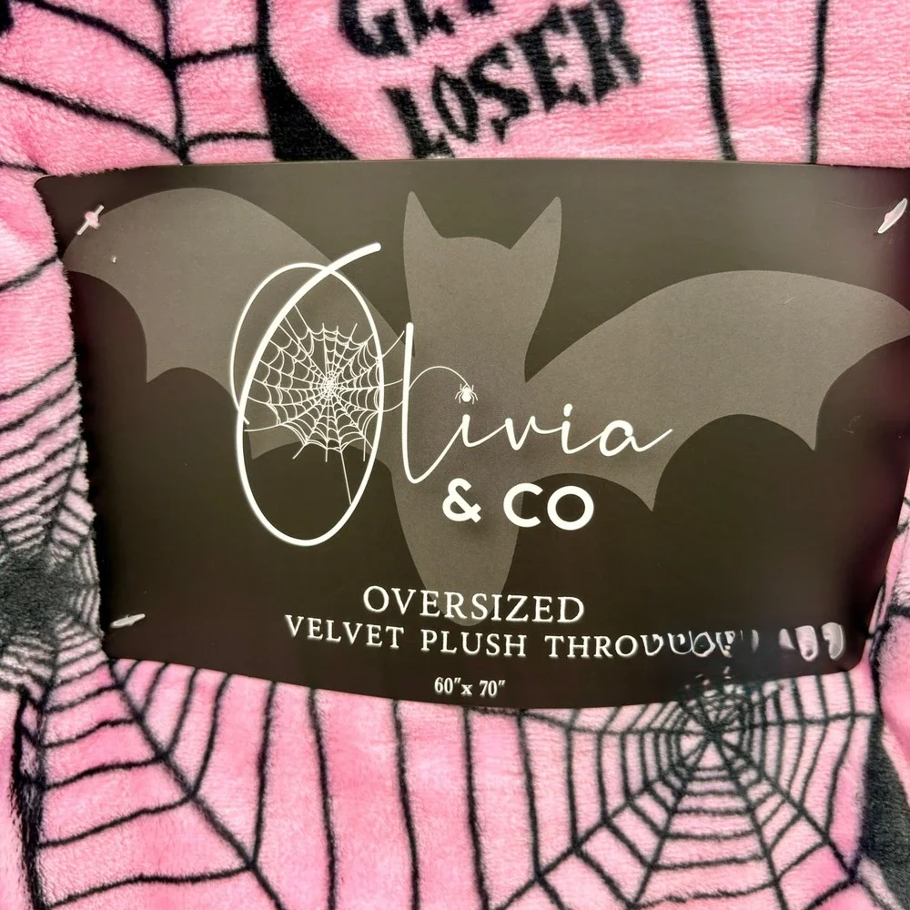 Olivia & Co Pink Black Halloween Get In Loser Coffin Spiderweb Throw Blanket